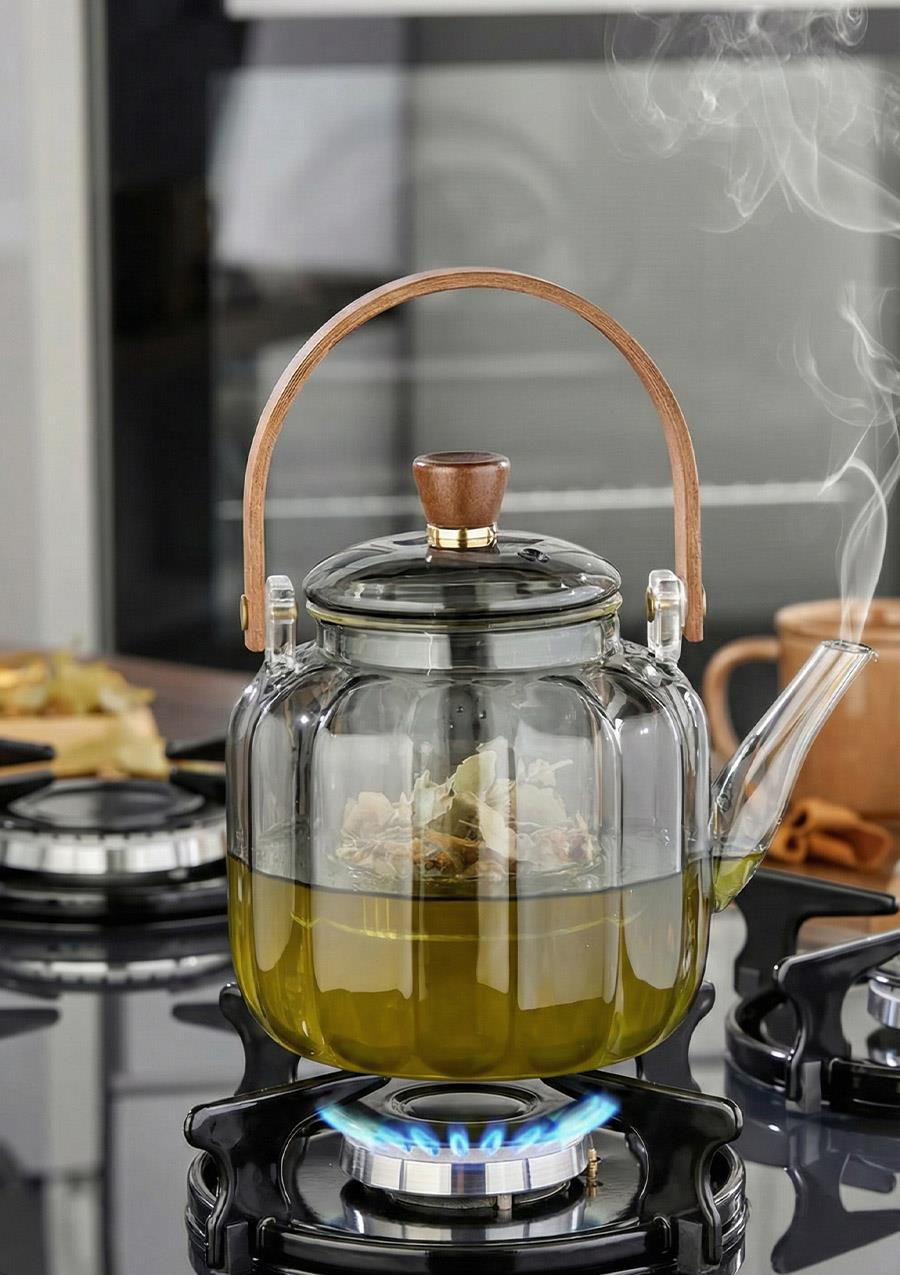 Kinu Füme Borosilikat Cam Demlik - 900 ML, Oval Köşeli