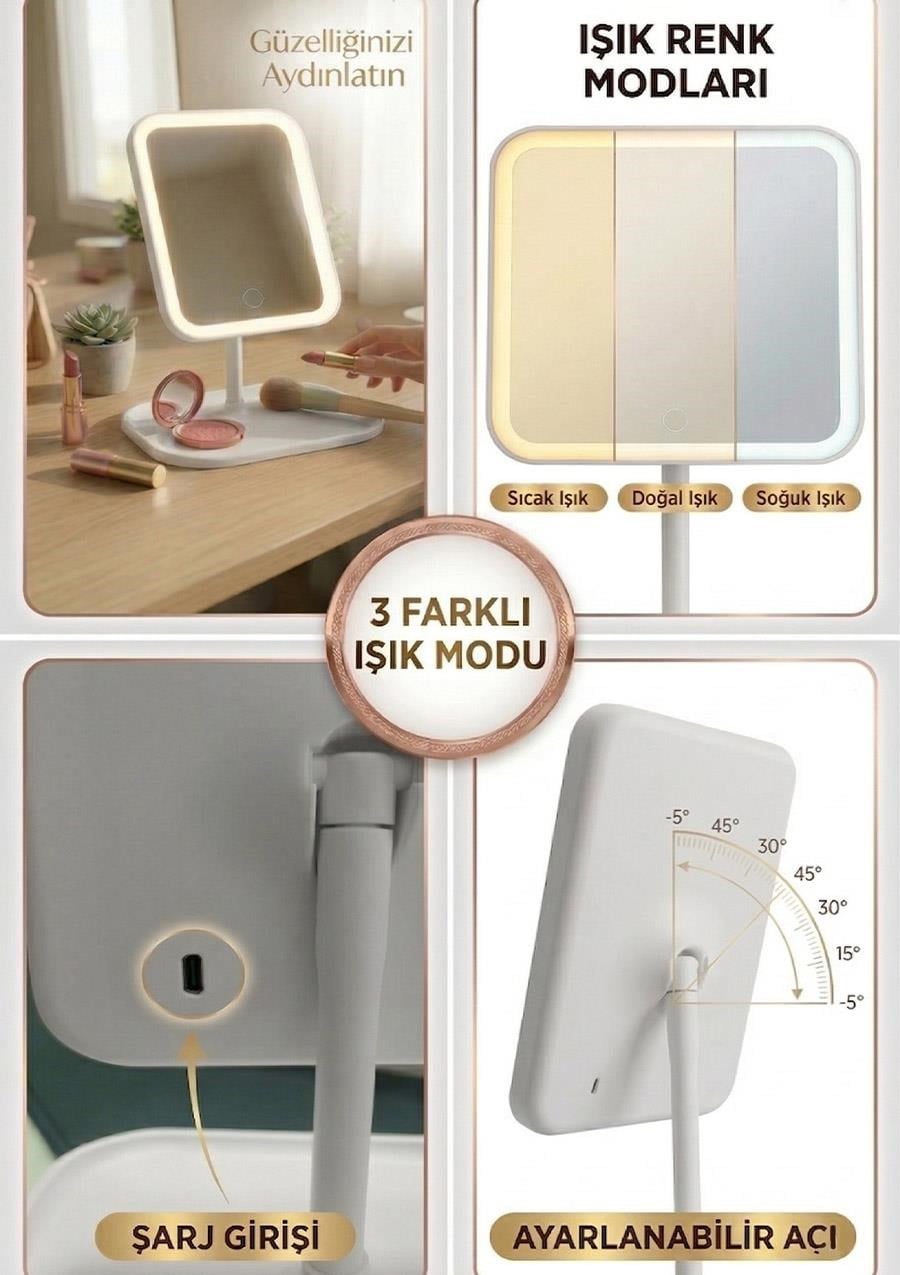 Ledli Dikdörtgen Ayna Işıklı Mini Makyaj Aynası 19X14 CM