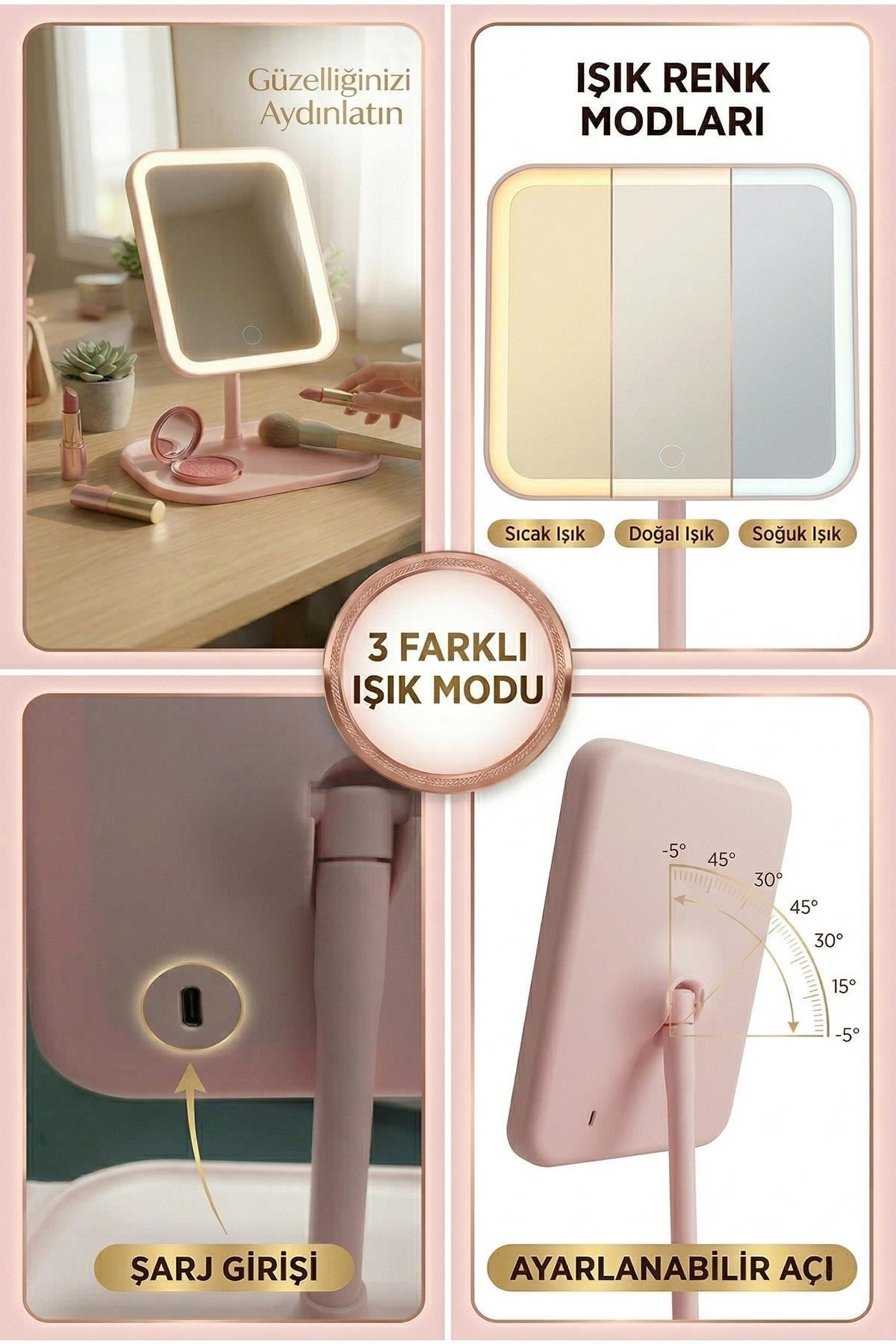 Ledli Dikdörtgen Ayna Işıklı Mini Makyaj Aynası 19X14 CM