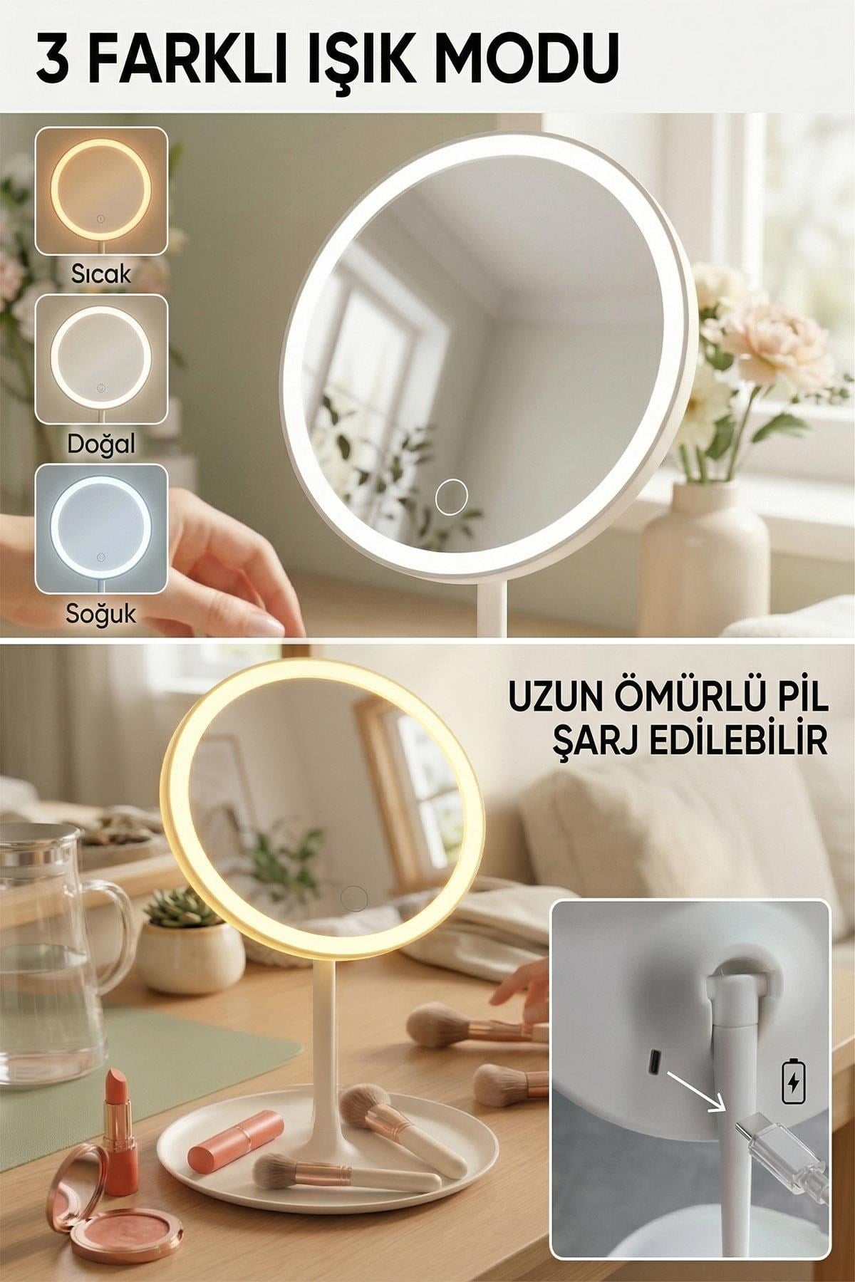 Ledli Yuvarlak Ayna Işıklı Mini Makyaj Aynası