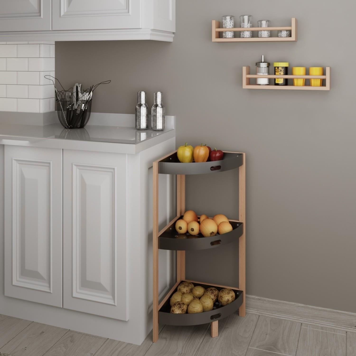 Hometarz Ahşap 3 Katlı Mutfak Banyo Düzenleyici Organizer Rafı 