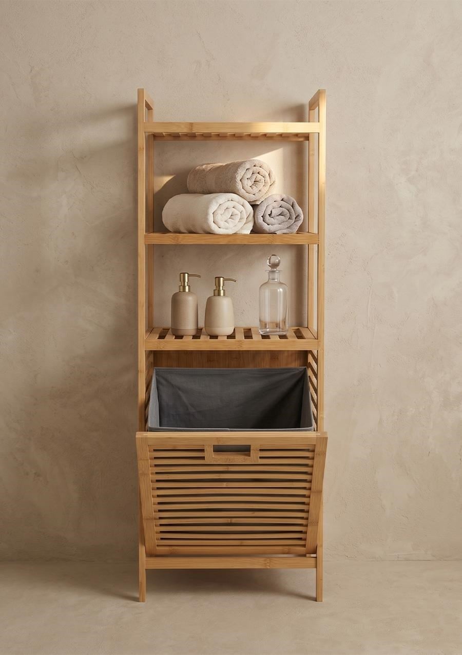 Raflı Bambu Kirli Çamaşır Sepeti 3 Katlı 30x40x119