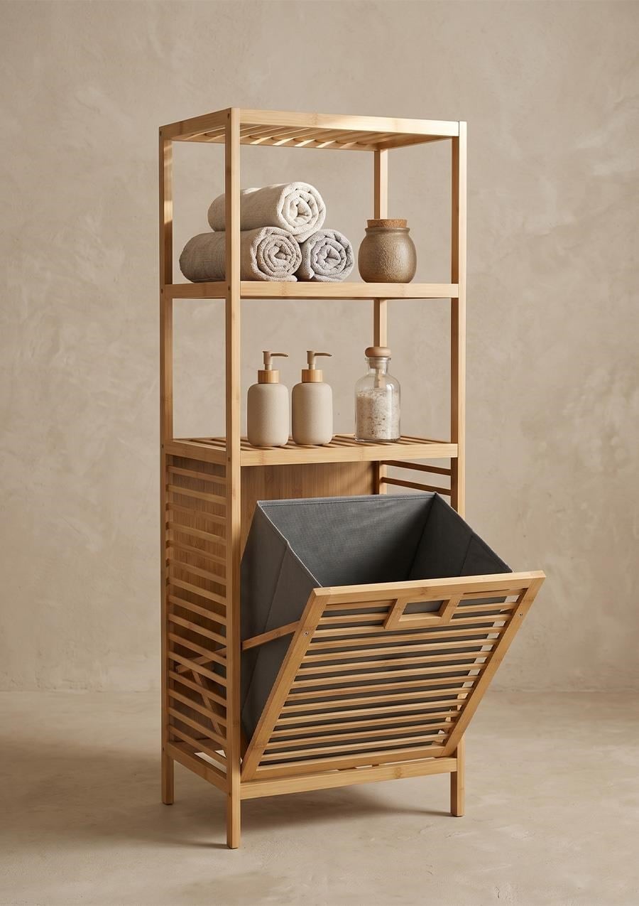 Raflı Bambu Kirli Çamaşır Sepeti 3 Katlı 30x40x119