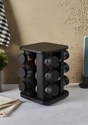 Siyah Döner Standlı Kare Cam Siyah Kapaklı Casa Black 12`li Standlı Baharatlık Seti