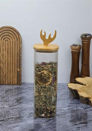 Boynuz Desenli Cam Kavanoz - Bambu Kapaklı Borosilikat Cam Kavanoz - 33 CM - Kare