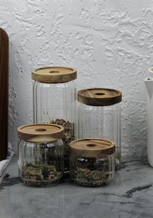 Timber Cam Kavanoz Seti - Çizgili 4lü Saklama Kavanozu Takımı - Ahşap Kapaklı, 8 Parça