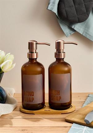 Lozione 2’li Mutfak Sıvı Sabunluk Seti - Bambu Stantlı Sıvı Sabunluk Takımı - 2x500 ML, Amber