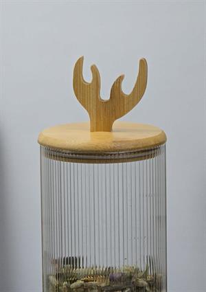 Boynuz Desenli Cam Kavanoz - Bambu Kapaklı Borosilikat Cam Kavanoz - 33 CM - Yuvarlak