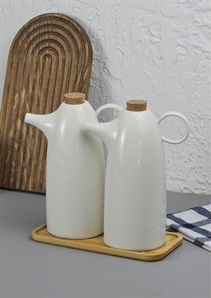 2'li Porselen Yağdanlık Seti - Bambu Altlıklı Yağlık Takımı - Mantar Kapak - 2x500 ML