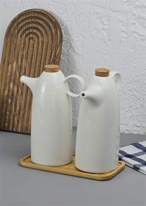2li Porselen Yağdanlık Seti - Bambu Altlıklı Yağlık Takımı - Mantar Kapak - 2x500 ML