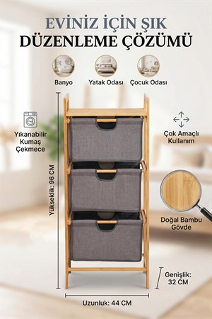 3 Katlı Çekmeceli Bambu Çamaşır Sepeti Banyo Mutfak Düzenleyici Dolap 44x32x96