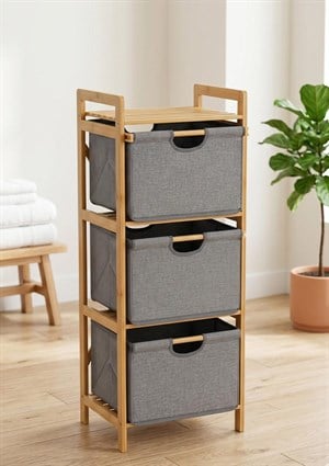 3 Katlı Çekmeceli Bambu Çamaşır Sepeti Banyo Mutfak Düzenleyici Dolap 44x32x96
