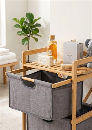 3 Katlı Çekmeceli Bambu Çamaşır Sepeti Banyo Mutfak Düzenleyici Dolap 44x32x96