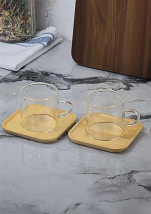 6lı Kahve Fincan Takımı - Bambu Tabaklı Kahve Fincan Seti - 12 Parça - 100 ML