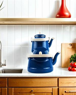 Alev Vintage Emaye Çaydanlık Takımı - Emaye Demlik Takımı - Mega Boy - 2.5 ve 1.0 Litre