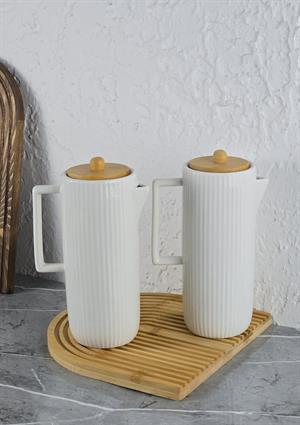 Mitra Porselen Yağlık Seti - Bambu Stantlı Yağdanlık Takımı - 2x600 ML