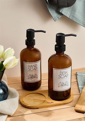 Lozione 2’li Mutfak Sıvı Sabunluk Seti - Bambu Stantlı Sıvı Sabunluk Takımı - 2x500 ML, Siyah Amber