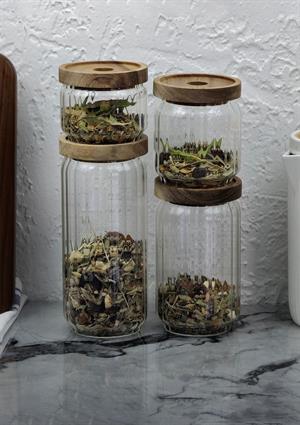 Timber Cam Kavanoz Seti - Çizgili 4lü Saklama Kavanozu Takımı - Ahşap Kapaklı, 8 Parça