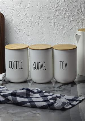 Seramik Kavanoz Seti - Bambu Kapaklı Kavanoz Takımı - Büyük Boy, 3x1000 ML