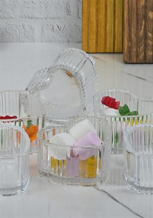 Suriyana Cam Magnolya Kasesi - Kalp Şekilli 6lı Cam Kase Seti - 130 ML