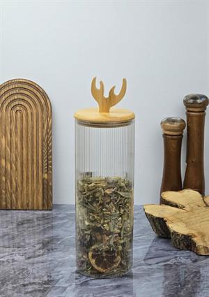Boynuz Desenli Cam Kavanoz - Bambu Kapaklı Borosilikat Cam Kavanoz - 33 CM - Yuvarlak