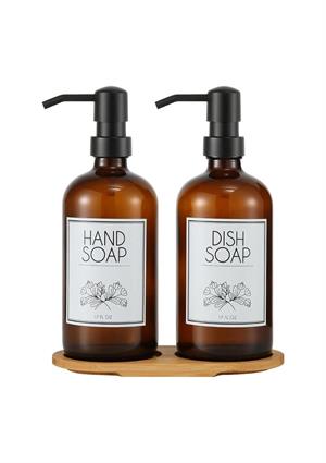 Lozione 2’li Mutfak Sıvı Sabunluk Seti - Bambu Stantlı Sıvı Sabunluk Takımı - 2x500 ML, Siyah Amber