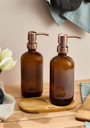 Lozione 2’li Mutfak Sıvı Sabunluk Seti - Bambu Stantlı Sıvı Sabunluk Takımı - 2x500 ML, Amber