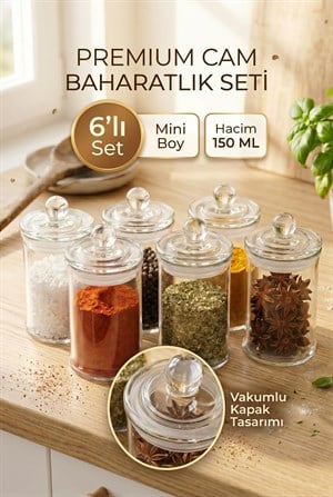 6lı Mini Cam Kavanoz Baharatlık Seti - Vakum Kapak, 6x150 ML
