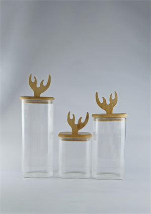 Boynuz Şekilli Bambu Kapaklı Cam Kavanoz Seti - Borosilikat Kavanoz Takımı - 3lü Set - Kare