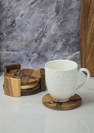 Akasya 4lü Bardak Altlığı  - Stantlı Çay Tabağı Takımı - 5 Parça, 11 CM