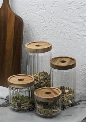 Timber Cam Kavanoz Seti - Çizgili 4lü Saklama Kavanozu Takımı - Ahşap Kapaklı, 8 Parça