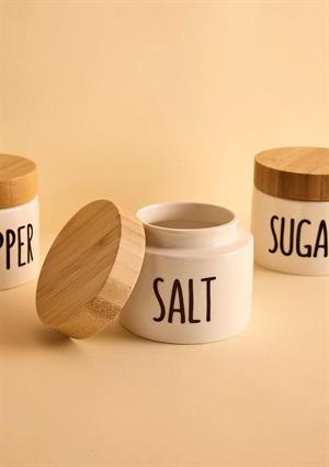 Amara 3lü Porselen Baharatlık Seti Beyaz Yuvarlak Bambu Kapaklı Kavanoz