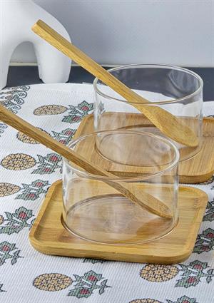 Borosilikat Cam Sufle Seti - Bambu Tabaklı 4lü Kase Takımı - 12 Parça - 250 ML