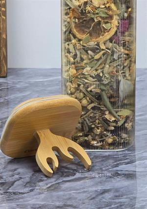 Boynuz Desenli Cam Kavanoz - Bambu Kapaklı Borosilikat Cam Kavanoz - 33 CM - Kare