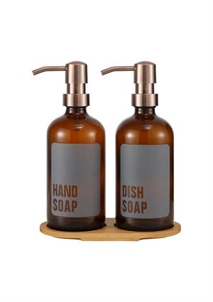 Lozione 2’li Mutfak Sıvı Sabunluk Seti - Bambu Stantlı Sıvı Sabunluk Takımı - 2x500 ML, Amber