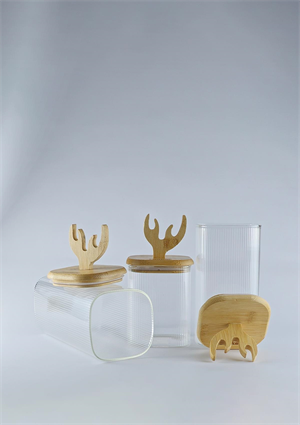 Boynuz Şekilli Bambu Kapaklı Cam Kavanoz Seti - Borosilikat Kavanoz Takımı - 3lü Set - Kare