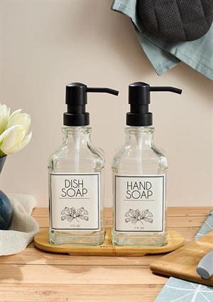 Lozione 2’li Mutfak Sıvı Sabunluk Seti - Bambu Stantlı Sıvı Sabunluk Takımı - 2x500 ML