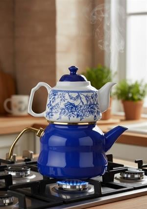 Alev Emaye Porselen Çaydanlık Takımı - Emaye Kettle Porselen Demlik - 3.5 Litre