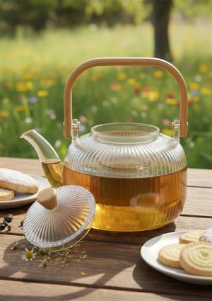 Bambu Saplı Cam Demlik - Cam Çaydanlık - 1 Litre