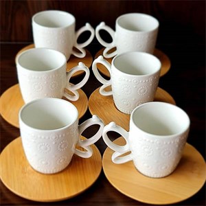 Beyaz Papatya Desenli Bambu Tabaklı Kahve Fincanı Takımı Seti 6lı