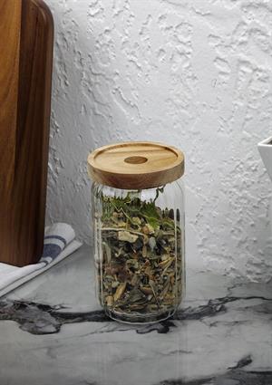 Timber Cam Kavanoz - Çizgili Saklama Kavanozu - Ahşap Kapaklı, 500 ML