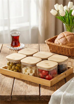 Cam Kahvaltı Takımı -Bambu Kare Kahvaltılık 13 Parça, Çizgili