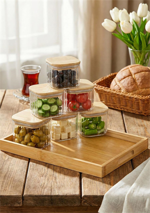 Cam Kahvaltı Takımı -Bambu Kare Kahvaltılık 13 Parça, Çizgili