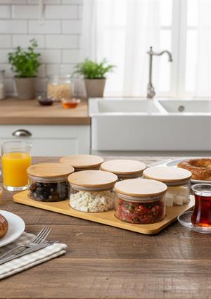 Cam Kahvaltı Takımı -Bambu Yuvarlak Kahvaltılık 13 Parça