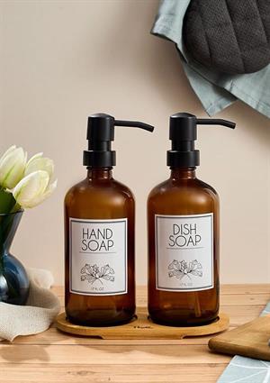 Lozione 2’li Mutfak Sıvı Sabunluk Seti - Bambu Stantlı Sıvı Sabunluk Takımı - 2x500 ML, Siyah Amber