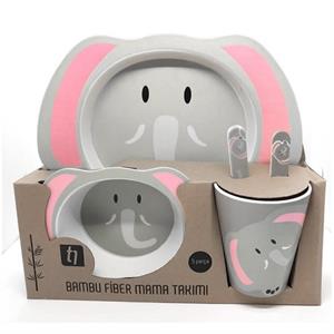 Sevimli Figürlü Bambu Mama Takımı Erkek Kız Çocuk Bebek Mama Tabağı Seti Fiber Mama Takımı 5 Parça