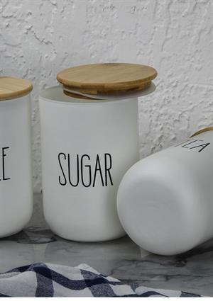 Seramik Kavanoz Seti - Bambu Kapaklı Kavanoz Takımı - Büyük Boy, 3x1000 ML