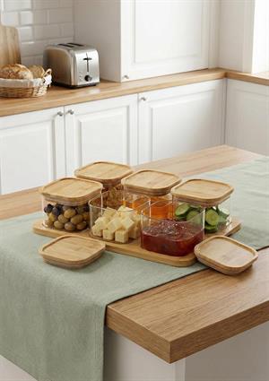 Quatro Bambu Vakumlu Kapaklı Tepsili 6’lı Cam Kahvaltılık