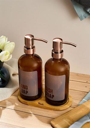 Lozione 2’li Mutfak Sıvı Sabunluk Seti - Bambu Stantlı Sıvı Sabunluk Takımı - 2x500 ML, Amber