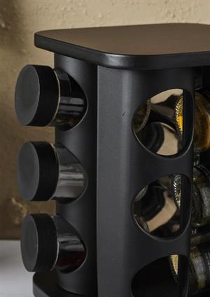 Siyah Döner Standlı Kare Cam Siyah Kapaklı Casa Black 12`li Standlı Baharatlık Seti